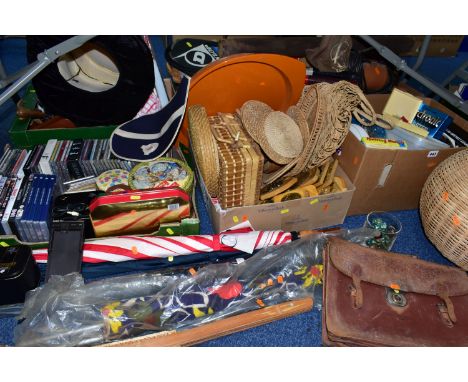 SEVEN BOXES OF ASSORTED SUNDRIES, to include three golf umbrellas, 1970's roller skates, marbles, Lego, dance trophies and ba