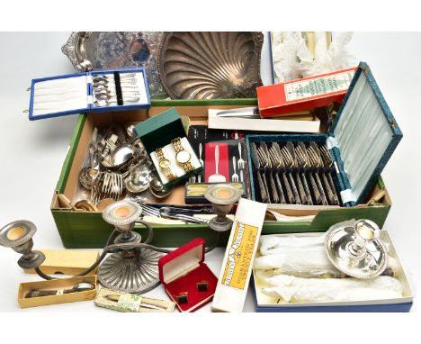 A BOX OF ASSORTED ITEMS, to include white metal trays, a candelabra, chamber candle stick holder, a large assortment of cutle