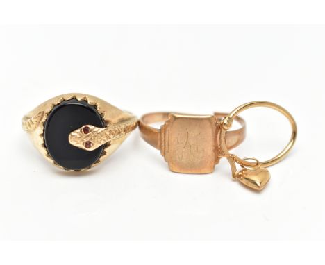 TWO RINGS AND A SINGLE EARRING, the first ring is an AF gents oval onyx signet detailed with a wraparound snake set with smal