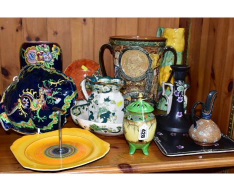 A GROUP OF CERAMICS, comprising a hand painted Carlton Ware lidded pot, a large Royal Doulton limited edition twin handled ju