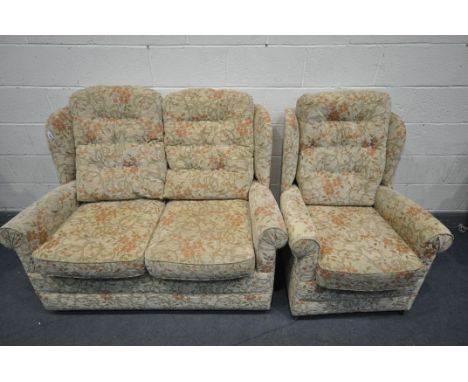 A HSL BEIGE AND FLORAL UPHOLSTERED TWO PIECE LOUNGE SUITE, comprising a two seater sofa and an armchair (2)