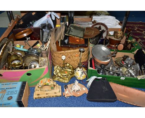 FIVE BOXES OF METALWARE AND HOUSEHOLD SUNDRIES, to include an Arts &amp; Crafts L.R.I Borrowdale (Lakeland Rural Industries) 