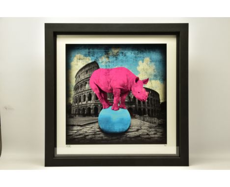 LARS TUNEBO (SWEDEN 1962) 'THE MAIN ATTRACTION', an artist proof print depicting a Rhino balanced upon an exercise ball befor