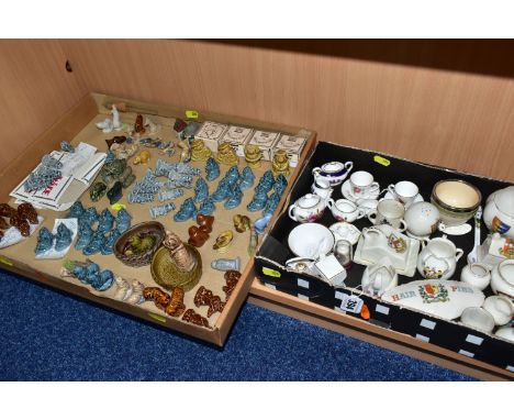 TWO BOXES OF CRESTED CHINA, MODERN MINIATURE CERAMICS BY SPODE, HAMMERSLEY, COALPORT, ROYAL WORCESTER, ETC  AND A QUANTITY OF