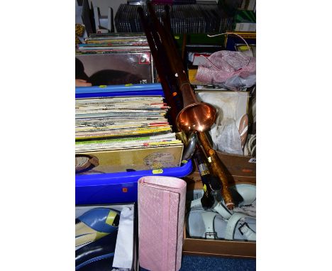 FIVE BOXES OF LPS, CDS, LADIES SHOES, WALKING STICKS, ETC, the LPs and CDs are mostly from the classical / easy listening fie
