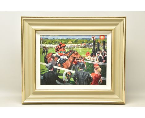 SHERREE VALENTINE DAINES (BRITISH 1959) 'ASCOT RACE DAY III', a signed limited edition print depicting horses and jockeys, 20