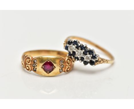 A LATE VICTORIAN 15CT GOLD RUBY AND DIAMOND RING AND A MODERN 9CT GOLD SAPPHIRE AND DIAMOND RING, the first set with a princi