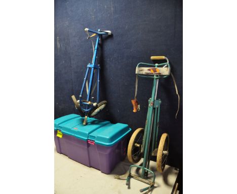 TWO VINTAGE GOLF CADDY/TROLLEYS a dunlop caddy, a stowaway manual caddy and a plastic toy box (3)