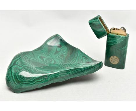 A CARVED MALACHITE FLIP CIGARETTE LIGHTER AND ASHTRAY, lighter measuring approximately 6cm x 3cm, ashtray measuring approxima