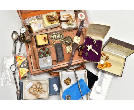 A BROWN JEWELLERY BOX WITH CONTENTS AND OTHER ITEMS, worn tan jewellery box with contents such as a 'Pulsar' wristwatch, broo