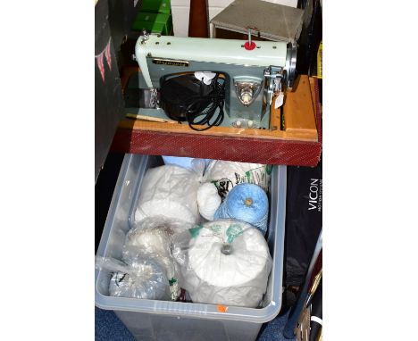 One Plastic Box containing machine knitting wool, an incomplete Princess Sewing Machine and a female mannequin on stand (1 bo