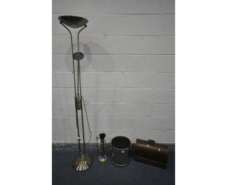 A STAINLESS STEEL LOG BUCKET, a similar companion set, a Vintage singer sewing machine, and a nickel standard lamp (4)
