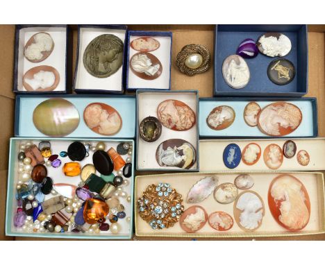 A BOX OF LOOSE CAMEOS, to include an oval high relief lava cameo, depicting a lady in profile, various shell cameos, Wedgewoo