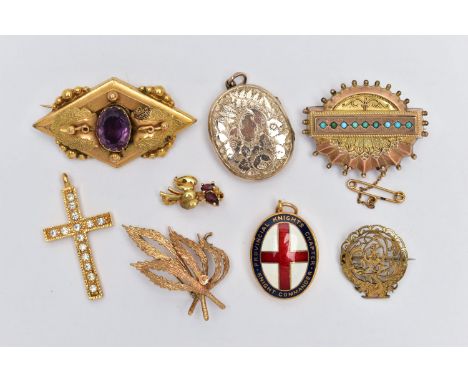 FIVE BROOCHES AND THREE PENDANTS, to include a gold plated diamond shape brooch set with an oval cut amethyst to the center, 
