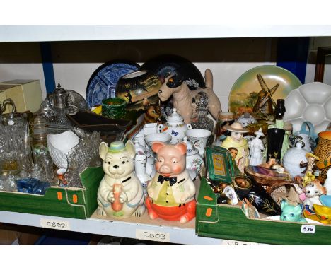 FOUR BOXES OF CERAMICS AND GLASSWARE, to include a Sylvac Bulldog, a Denby 'Arabesque' pattern celery dish, a green figural t