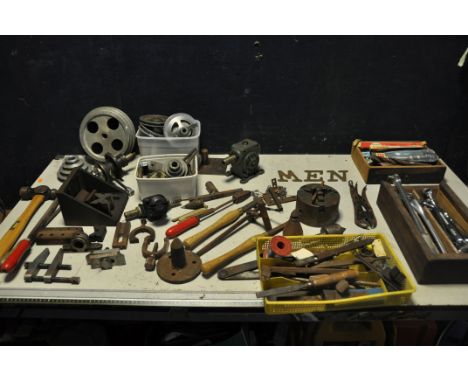 A SELECTION OF LATHE PARTS to include lathe parts, aluminum pulleys, marking tools, three jaw chuck along with a quantity of 