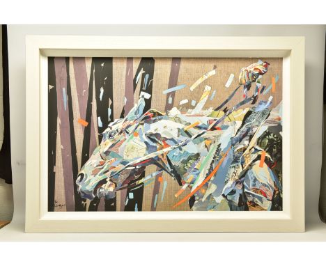PATRICK BREMER (BRITISH 1982) 'BREAK', a signed limited edition print of horse and rider, 7/49 with certificate, approximate 