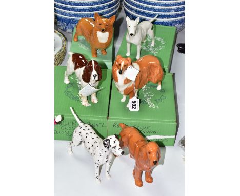 SIX BESWICK DOG FIGURES, comprising a boxed Bull Terrier 'Romany Rhinestone' - Large model no 970 height 13.5cm, two Cocker S