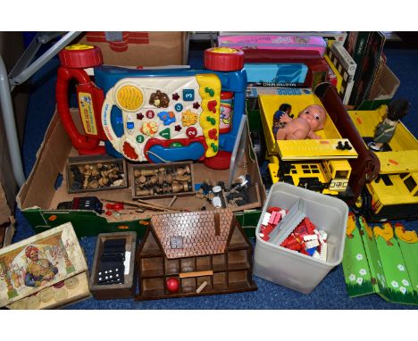 A QUANTITY OF ASSORTED TOYS AND GAMES, to include vintage Kewpie doll, solid body no makers markings, two Tonka Dump Trucks, 