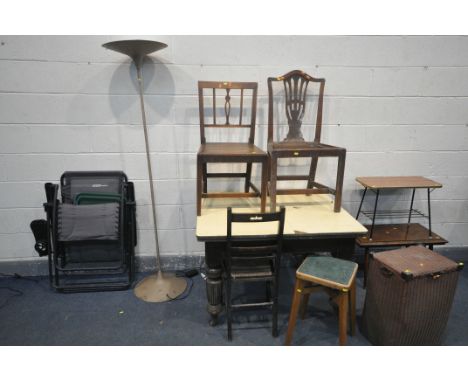 AN EDWARDIAN DINING TABLE, with a later Formica top, length 107cm x depth 91cm x height 91cm, three various period chairs, a 