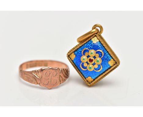 AN EARLY 20TH CENTURY 9CT ROSE GOLD RING AND A YELLOW METAL GUILLOCHE ENAMEL PENDANT, the rose gold signet ring with engraved