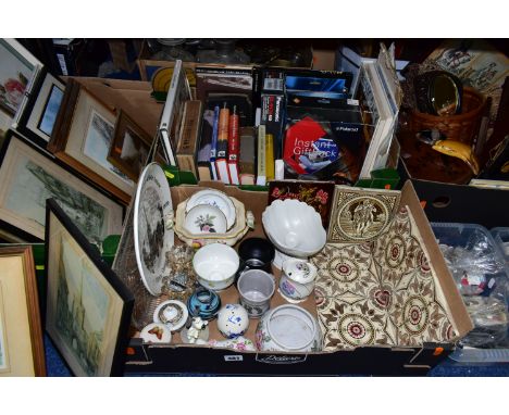 SIX BOXES OF CERAMICS, GLASS, BOOKS, PICTURES, VINTAGE BUTTONS AND SUNDRY ITEMS, to include six Victorian tiles including a '