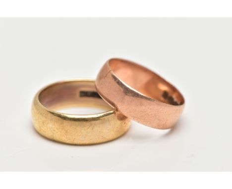 TWO WIDE 9CT GOLD BAND RINGS, the first a polished yellow gold band, approximate width 7.1mm, hallmarked 9ct Birmingham, ring