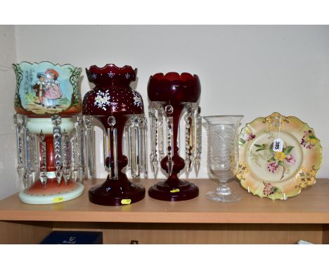 THREE LATE 19TH / 20TH CENTURY GLASS LUSTRES, A LATE VICTORIAN CELERY VASE AND A CARLTONWARE PLATE, the lustres comprising tw