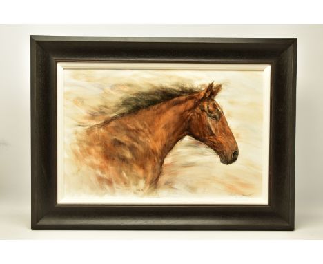 GARY BENFIELD (BRITISH 1961) 'SOFT BREEZE', a portrait study of a brown horse, signed bottom right, oil on board, approximate
