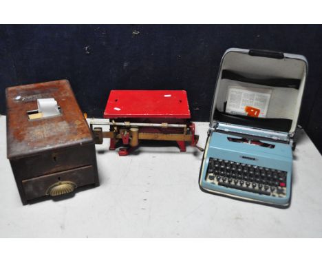 A VINTAGE G.H GLEDHILL AND SONS CASH REGISTER missing some parts (no key) along with a vintage cased olivetti lettera type wr