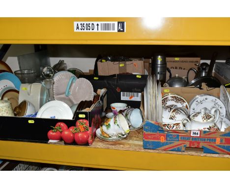 SEVEN BOXES AND LOOSE KITCHEN CERAMICS, GLASSWARE, COOKWARE, ETC, including four Paragon Harry Wheatcroft World Famous Roses 