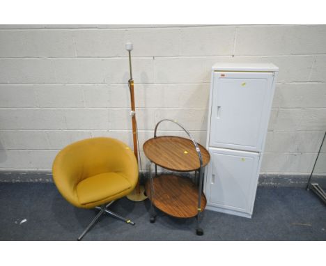 FOUR ITEMS OF MID CENTURY FURNITURE including a chrome based tub chair with mustard covering, a folding chrome and rosewood e