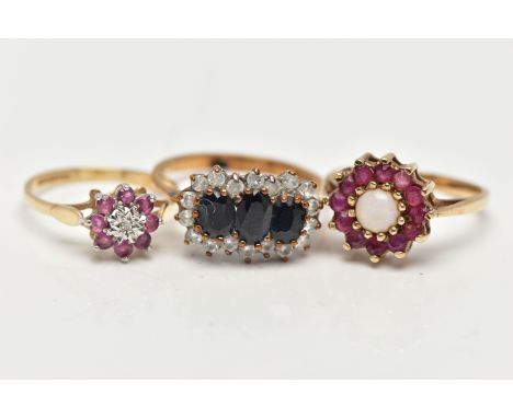 THREE GEM SET RINGS, the first an opal and ruby cluster ring, hallmarked 9ct Birmingham, ring size I, the second a sapphire a