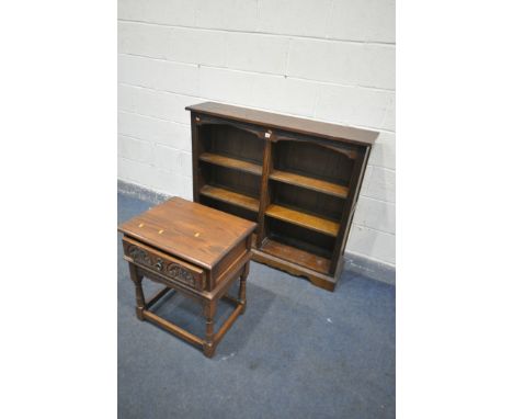 AN OLD CHARM OAK TWIN SIDED OPEN BOOKCASE, width 122cm x depth 28cm x height 106cm, and an Old Charm lamp table (2)