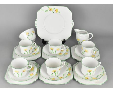 An Early/Mid 20th Century Hand Painted Tea Set to Comprise Six Cups, Six Saucers, Cake Plate, Milk Jug and Sugar Bowl (Some C