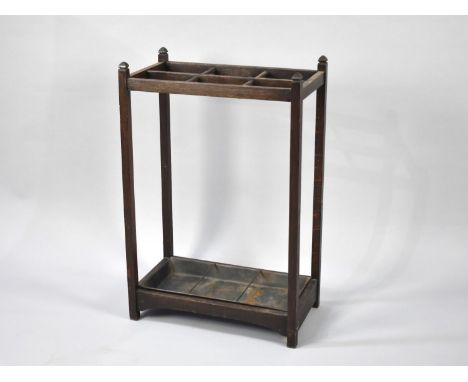An Edwardian Oak Six Division Stick Stand with Galvanised Metal Tray,46cms Wide 