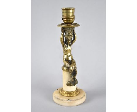 A Polished Bronze Figural Candlestick in the Form of a Seated Mermaid on Alabaster Circular Stand, Cracked Base, 22cms High 
