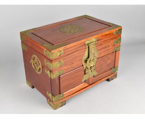 A Reproduction Chinese Brass Mounted Hardwood Jewellery Cabinet with Hinged Lid and Panelled Doors to Fitted Interior with Th