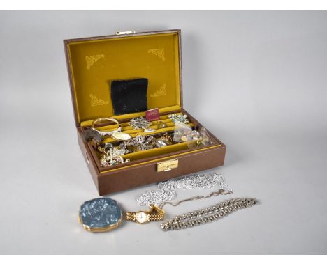 A Fitted Vintage Jewellery Box Containing Various Costume Jewellery to include Jewelled Bangle, Brooches, Earrings, Compact, 