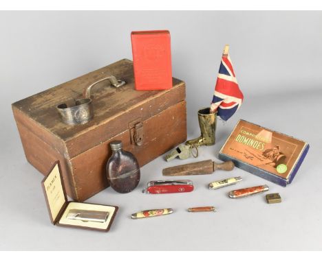 A Vintage Two Division Wooden Box Containing Curios to include Riding Boot Spirit Measure, Novelty Souvenir Pen Knives and a 