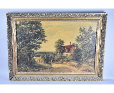 A Gilt Framed Oleograph, Rural Lane Scene with Cottage and Figures, Subject 75x49cm 