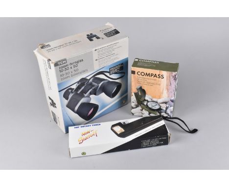 A Map Reading Compass, Rotary Torch and 10x30 Zoom Binoculars, All in Original Boxes 