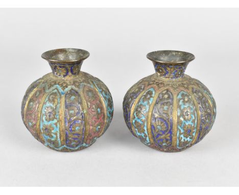 A Pair of Indian Bronze and Enamel Lobed Vases, 7.5cms High 