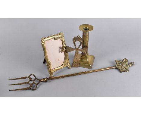 A Brass Toasting Fork, Reproduction Brass Art Nouveau Photo Frame, Candlestick and Coptic Crucifix 
