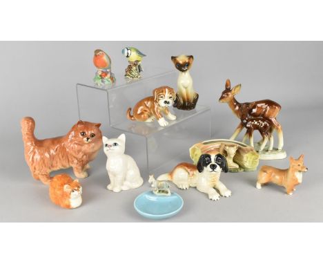 A Collection of Various Ceramic Animal and Bird Ornaments to Comprise Beswick Cats, Beswick Corgi, Beswick Blue Tit, Royal Wo