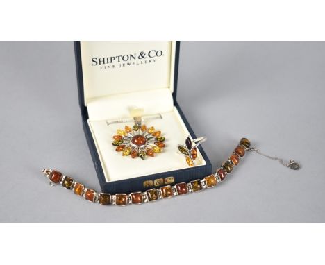 A Collection of Amber Mounted Silver Jewellery to include Ring, Bracelet and Pendant on Silver Chain 