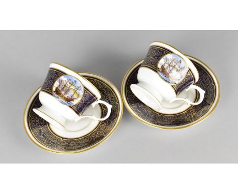 A Pair of Spode Cabinet Cups and Saucers to Commemorate the Ark Royal Flagship at the Time of the Armada 