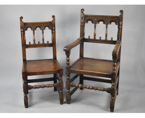 A Set of Eight Early 20th Century Oak Gothic Revival Dining Chairs to Include Two Carvers, Having Scrolled Pediments Surmount