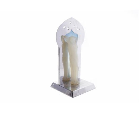 ART DECO OPALESCENT GLASS AND CHROME LAMP modelled as a standing opalescent glass semi-draped female figure, framed by chrome