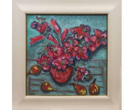 BRITISH SCHOOL,PINK PEARS oil on board, signed 'Gibson'54cm x 54cm Framed and under glass